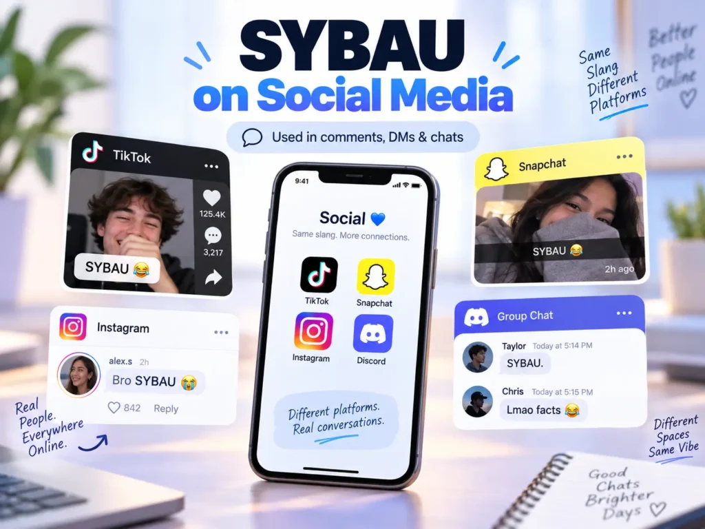 SYBAU on social media showing slang examples across TikTok, Snapchat, Instagram, and Discord chats.