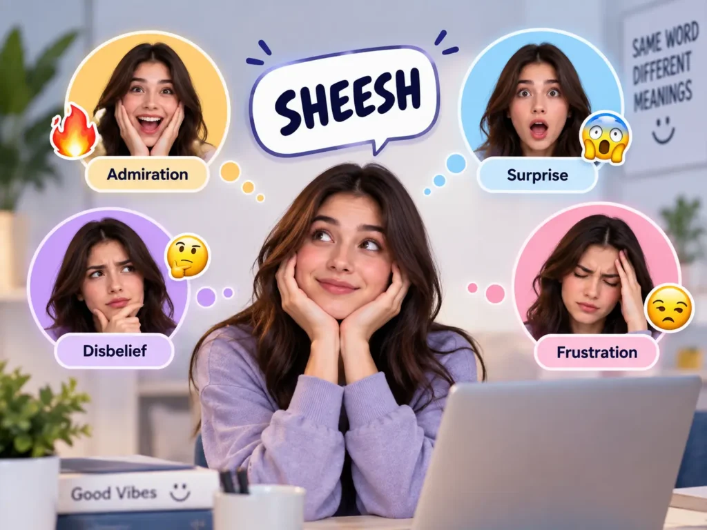 Sheesh meaning slang infographic showing admiration, surprise, disbelief, and frustration as different reactions to the word sheesh.
