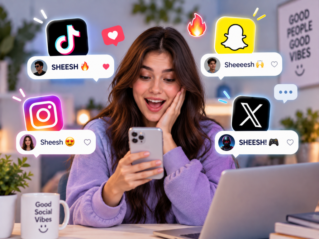Sheesh meaning on social media illustration showing TikTok, Instagram, Snapchat, and X reactions using “sheesh” for hype, admiration, and excitement.