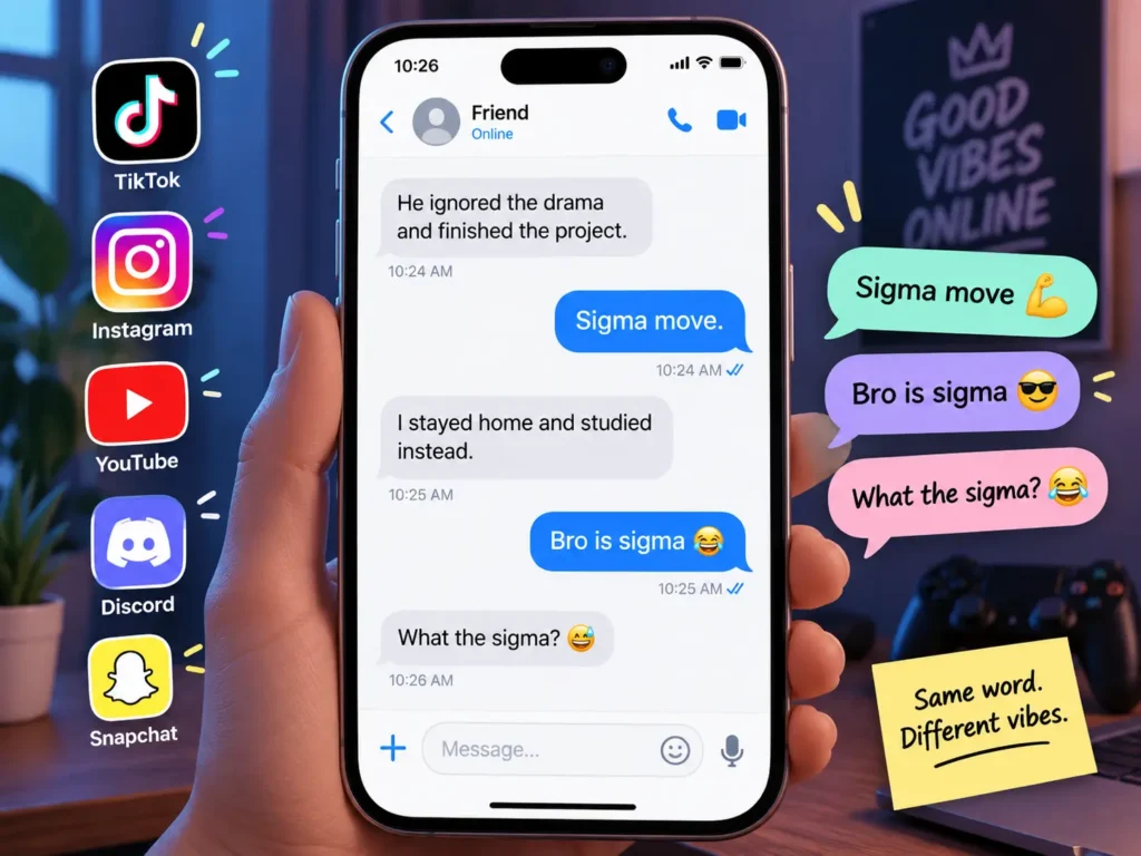 Sigma slang in texting and social media shown through chat examples like “sigma move,” “bro is sigma,” and “what the sigma?” alongside popular social platforms.