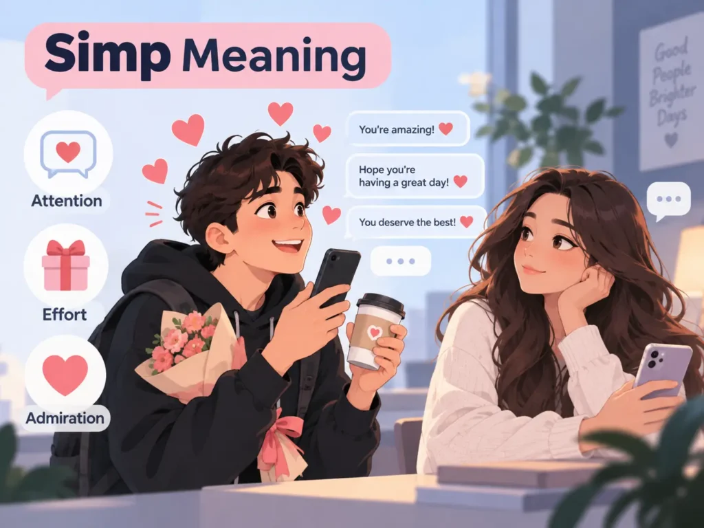 Simp meaning slang illustration showing excessive attention, effort, admiration, gifts, and repeated messages toward a crush.