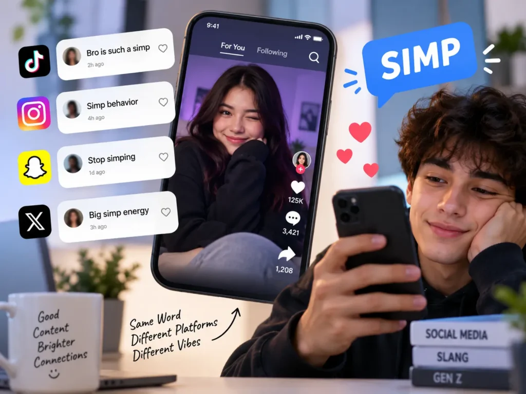 Simp meaning on social media illustration showing TikTok, Instagram, Snapchat, and X comments using simp slang around a person admiring someone online.
