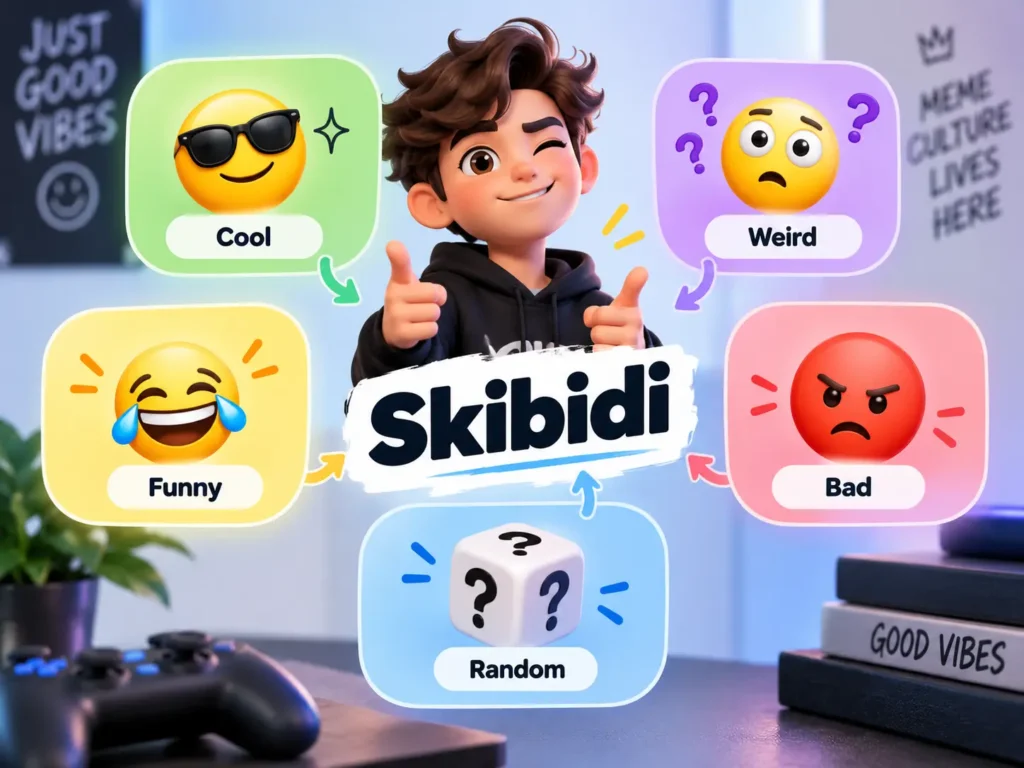 Skibidi meaning infographic showing cool, weird, funny, bad, and random meanings with emojis and meme-style visuals.