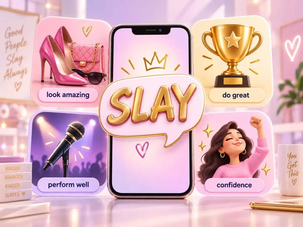 Slay meaning slang infographic showing slay as looking amazing, doing great, performing well, and showing confidence.