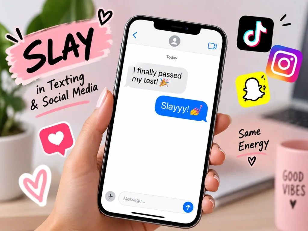 Slay meaning in texting and social media shown in a smartphone chat with “Slayyy!” as a positive reaction to passing a test.