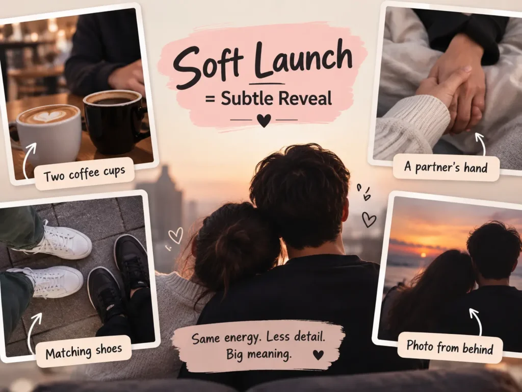 oft launch meaning slang infographic showing subtle relationship clues such as two coffee cups, a partner’s hand, matching shoes, and a couple photographed from behind.