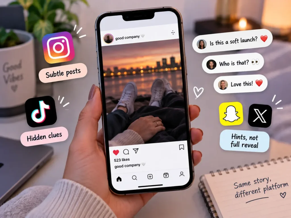 Soft launch meaning on social media showing a subtle relationship post on Instagram with hidden clues, comments, and TikTok, Snapchat, and X icons.