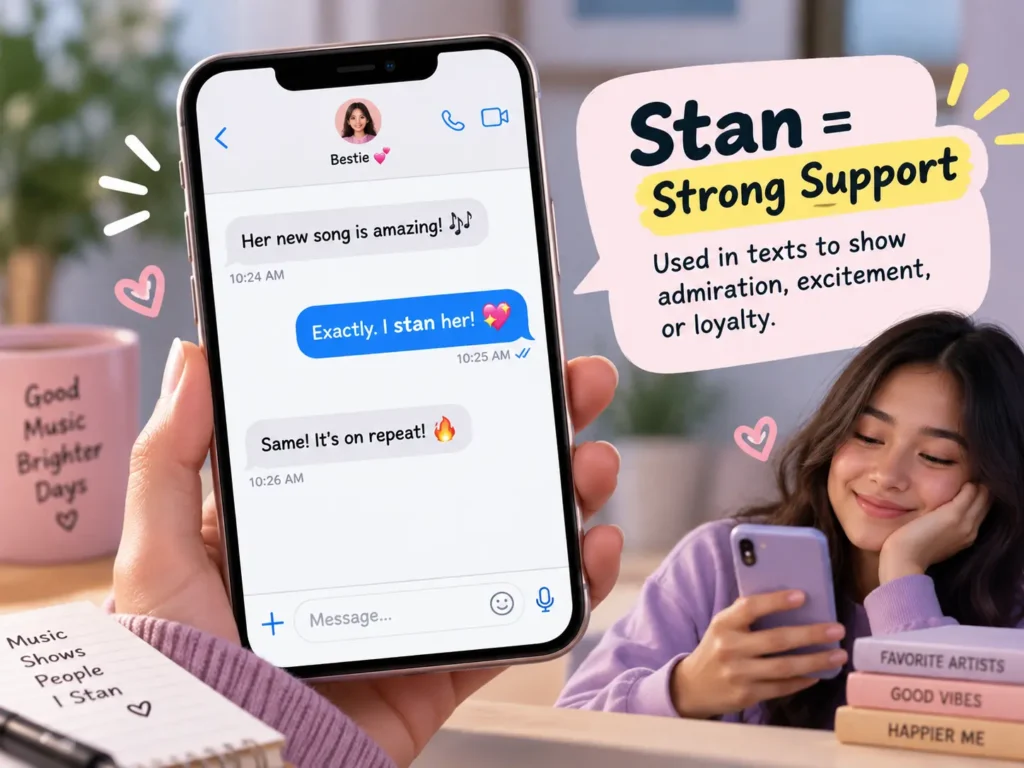 Smartphone chat showing “I stan her” with a visual explanation that stan means strong support, admiration, excitement, or loyalty.
