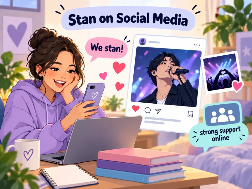 Illustration showing a fan using social media to support a favorite artist, with “We stan!” and strong online support visuals.