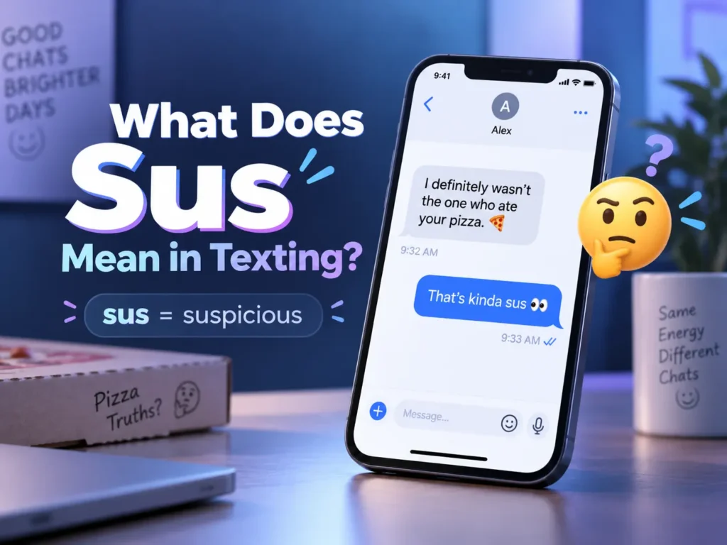 What does sus mean in texting image showing a phone conversation with “That’s kinda sus” and a simple “sus = suspicious” explanation.