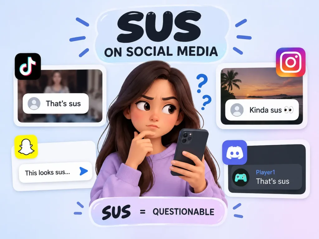 Sus on social media image showing TikTok, Instagram, Snapchat, and Discord examples with “sus” meaning questionable or suspicious.