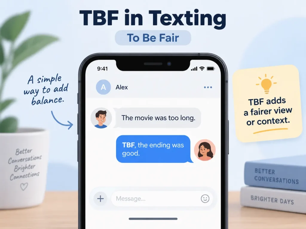 TBF in texting infographic showing a chat example where “TBF” means “To Be Fair” and adds balance or context to a conversation.