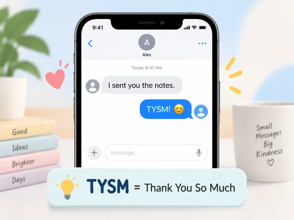 TYSM meaning in texting shown in a smartphone chat, with “TYSM = Thank You So Much” explained as a friendly expression of gratitude.