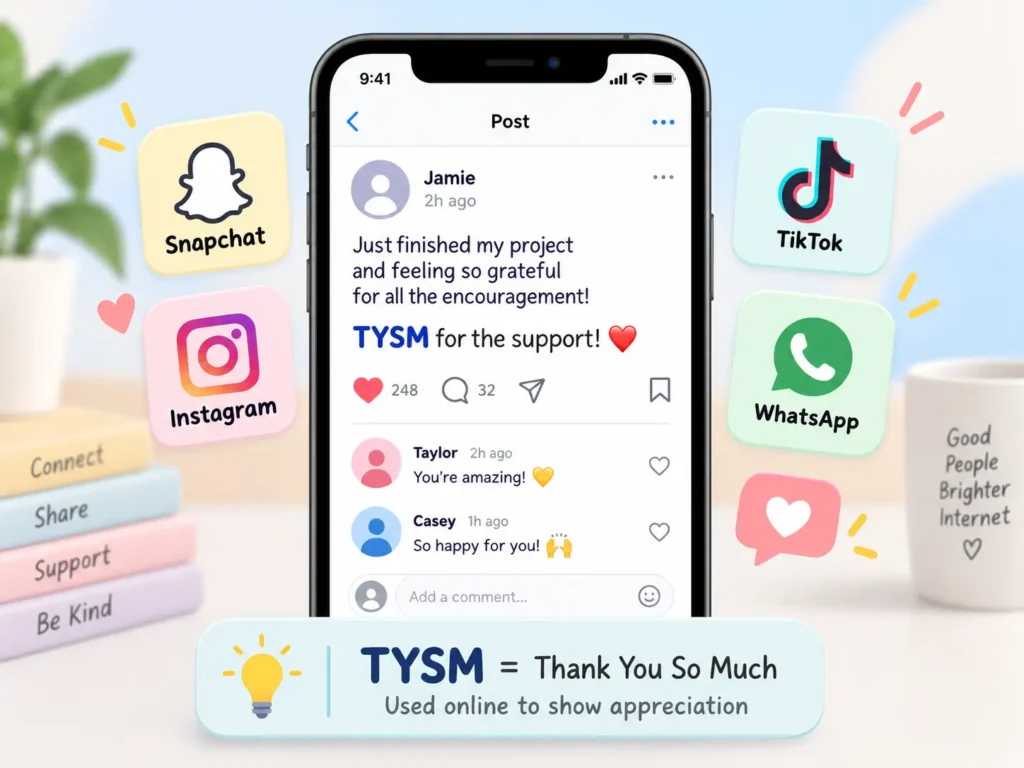 TYSM meaning on social media shown with a smartphone post, reactions, and app icons, explaining “TYSM = Thank You So Much” as online appreciation.