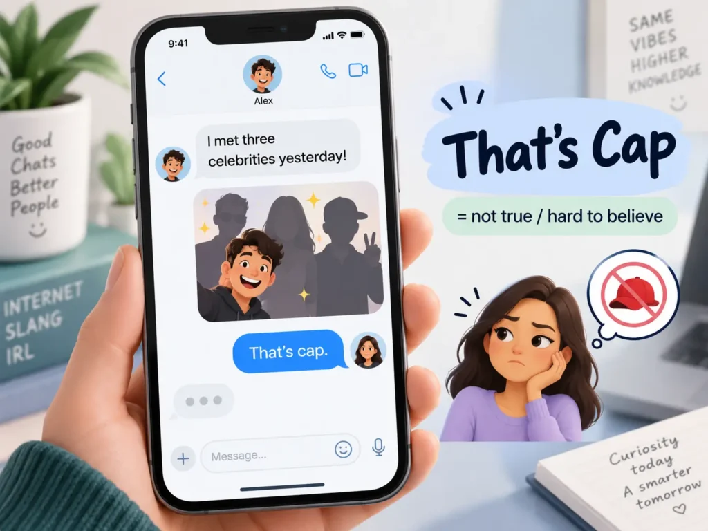 Illustration explaining “That’s cap” as slang for something untrue or hard to believe, shown through a text message conversation.