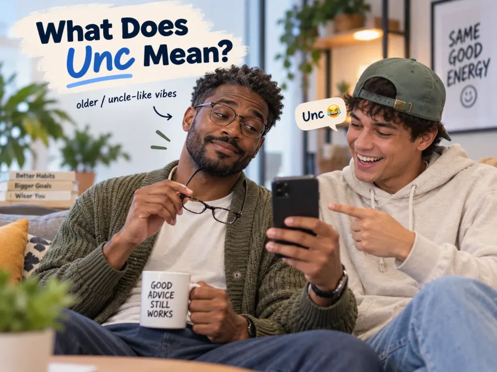 Two friends looking at a phone while one is jokingly called “unc,” illustrating the slang meaning of unc as someone older, mature, or giving uncle-like vibes.