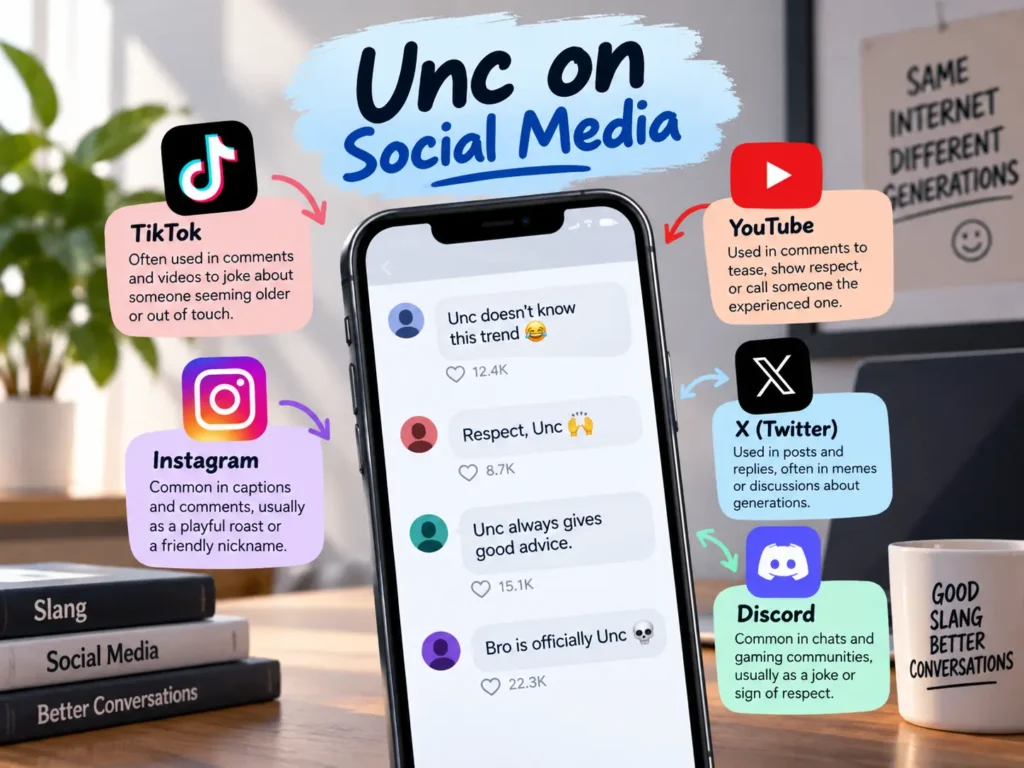 Infographic explaining the meaning of “unc” on TikTok, Instagram, YouTube, X, and Discord, with examples showing playful, respectful, and teasing social media use.