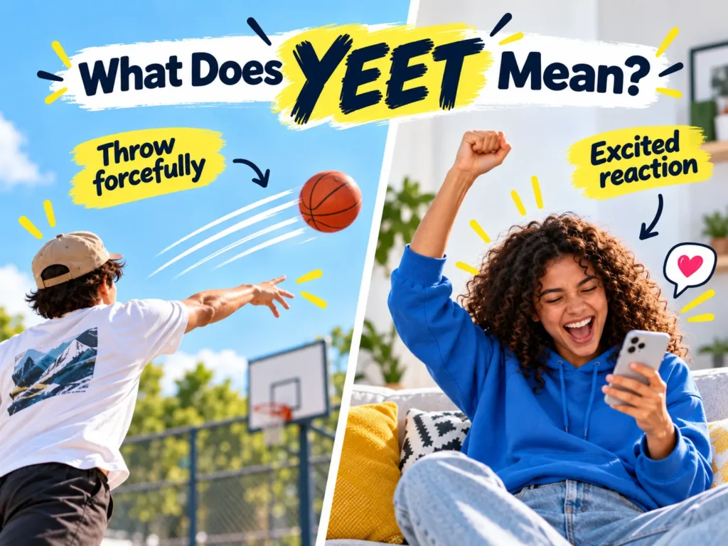 What does yeet mean graphic showing yeet as throwing something forcefully and as an excited reaction.
