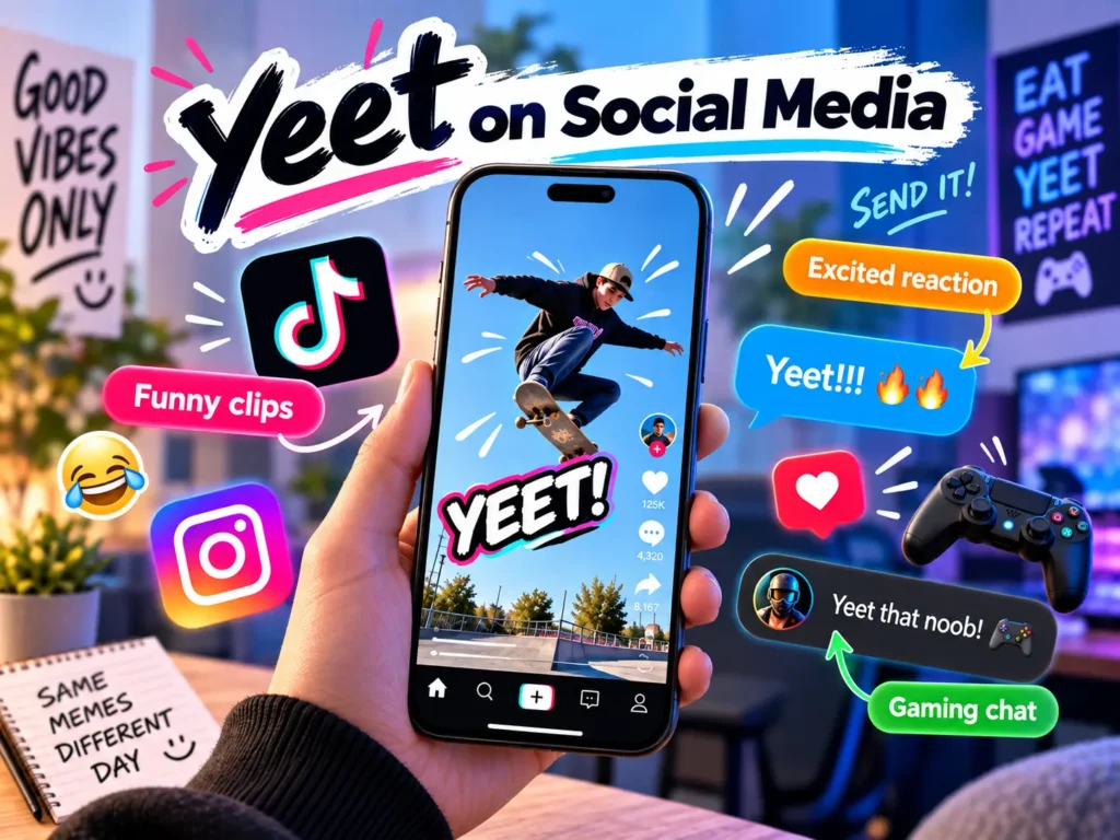 Yeet on social media infographic showing the slang used in TikTok clips, memes, excited reactions, and gaming chats.