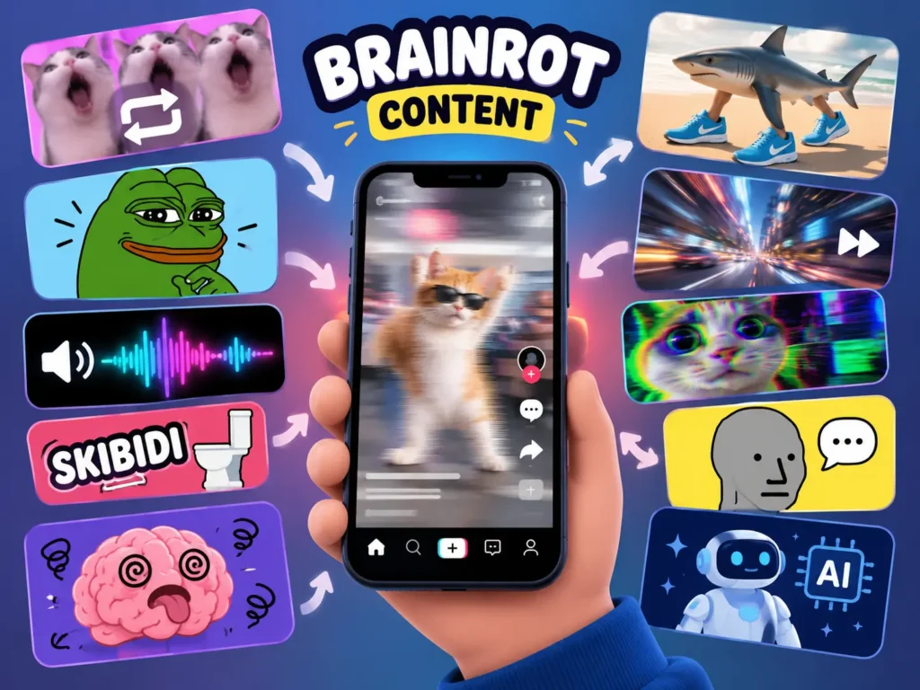 Brainrot content infographic showing repetitive memes, fast-paced videos, AI-generated content, looping clips, distorted audio, and absurd internet humor around a smartphone.