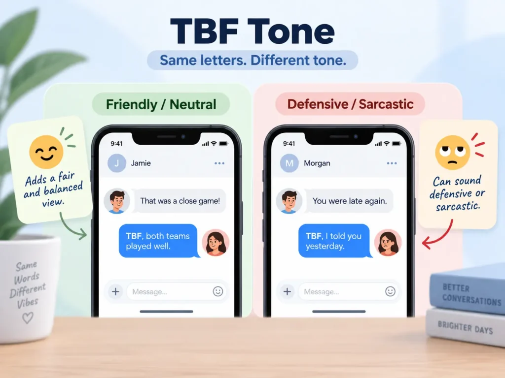 TBF tone infographic comparing friendly or neutral use with defensive or sarcastic use through simple text message examples.