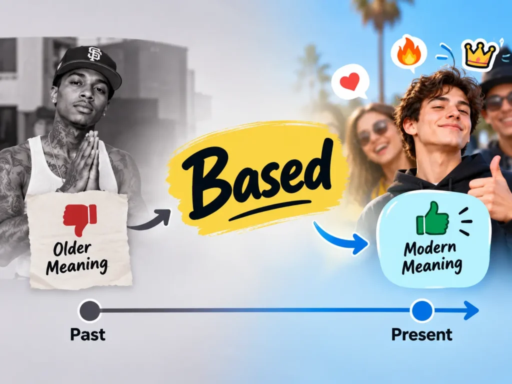 Based slang origin infographic showing the shift from an older negative meaning to the modern positive meaning of confidence, authenticity, and approval.
