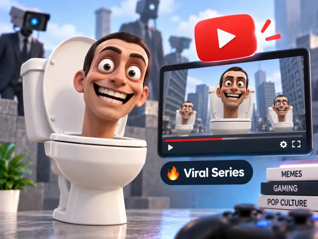 Skibidi Toilet viral series illustration with a toilet character, video screen, YouTube icon, and meme culture elements.