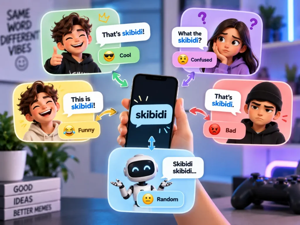 Skibidi meaning context infographic showing how the word can mean cool, confused, funny, bad, or random depending on the situation.