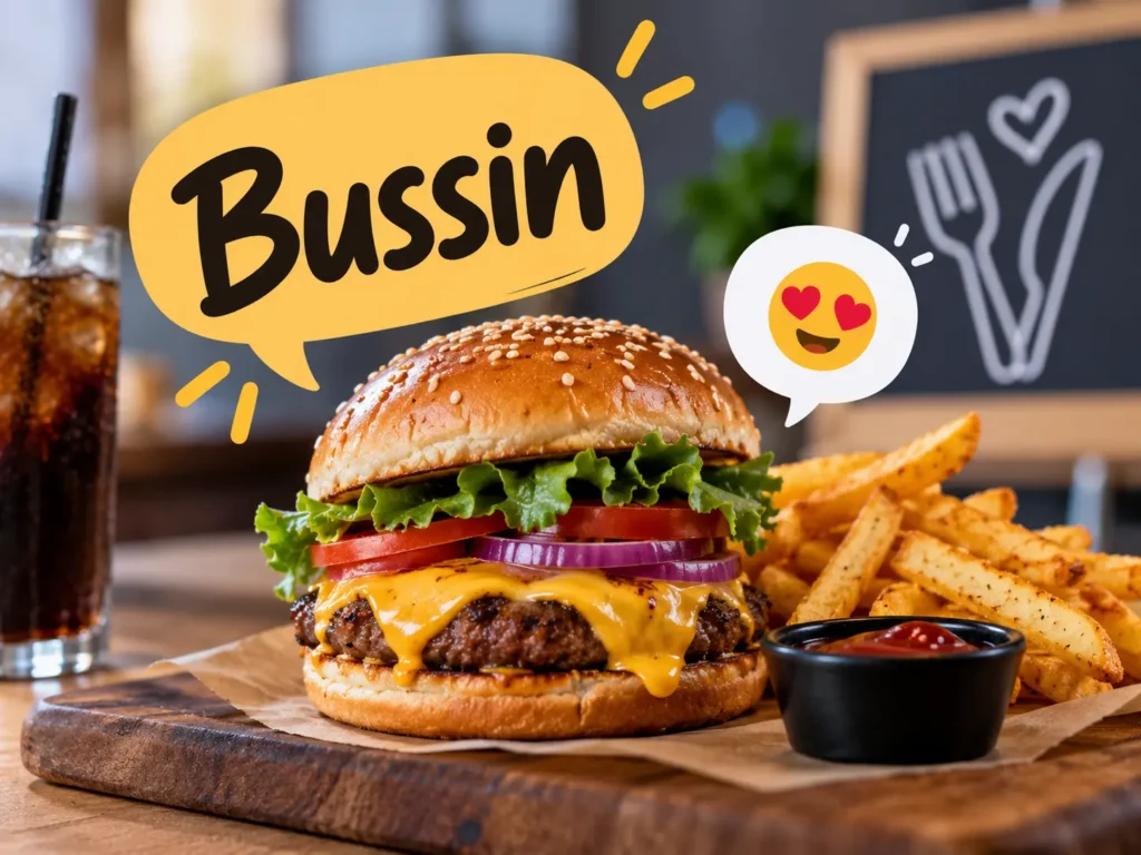 Bussin meaning for food shown with a cheeseburger, fries, and a “Bussin” speech bubble to represent something extremely delicious.