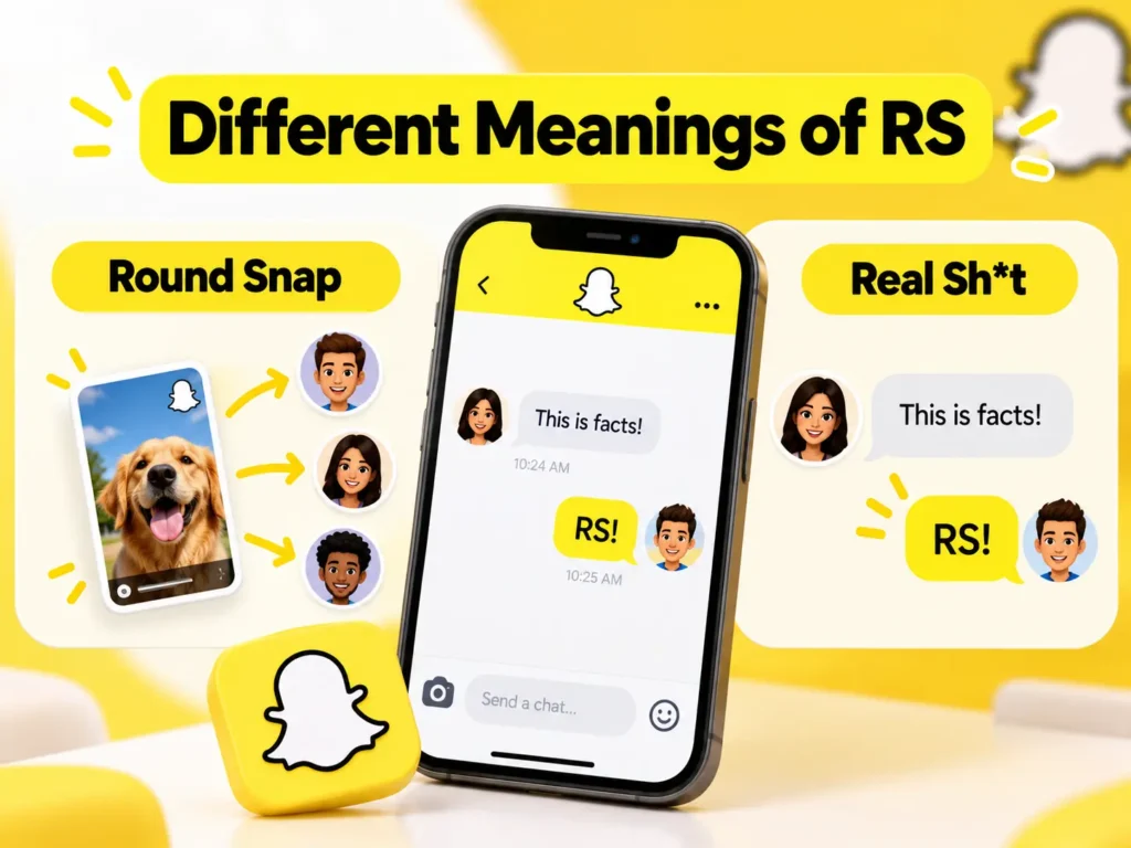 Different meanings of RS on Snapchat explained with Round Snap sent to multiple friends and Real Sh*t used to show agreement in chat.