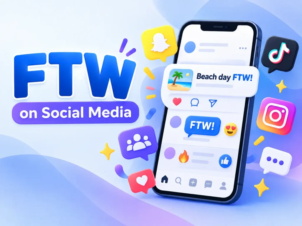 FTW Meaning on Social Media explained with a smartphone showing FTW in Snapchat, TikTok, and Instagram posts, comments, and chats.