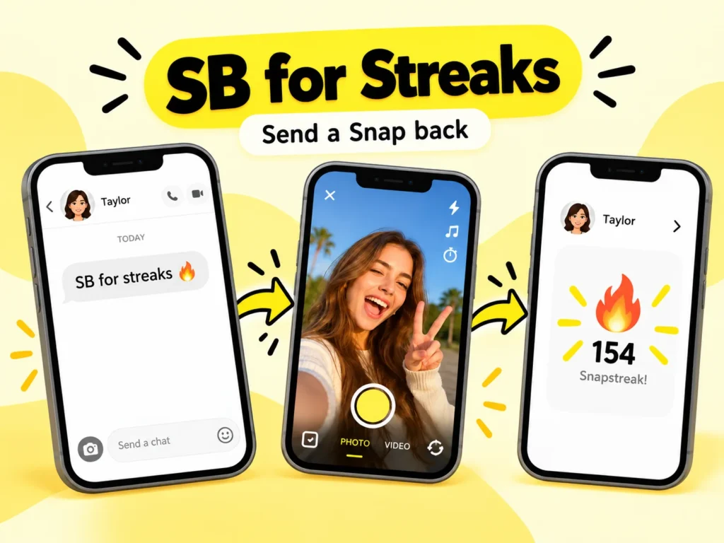 SB for streaks on Snapchat infographic showing “SB for streaks,” sending a photo Snap back, and continuing a Snapstreak.