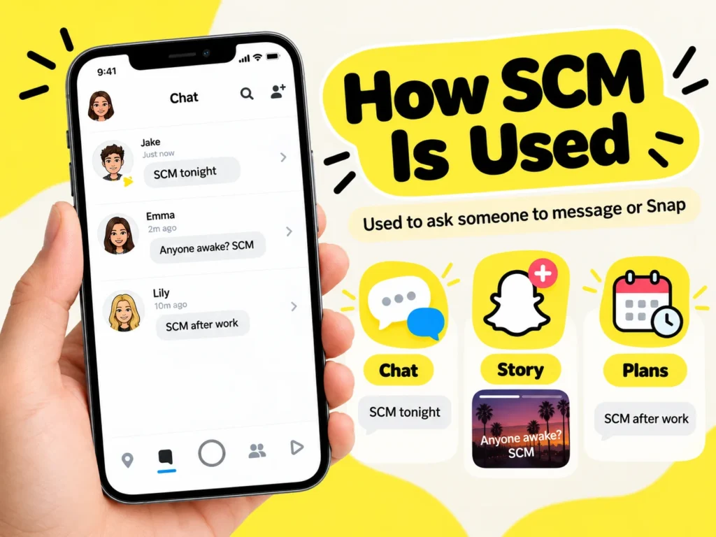 How SCM is used on Snapchat infographic showing chat, Story, and plans examples such as “SCM tonight,” “Anyone awake? SCM,” and “SCM after work.”