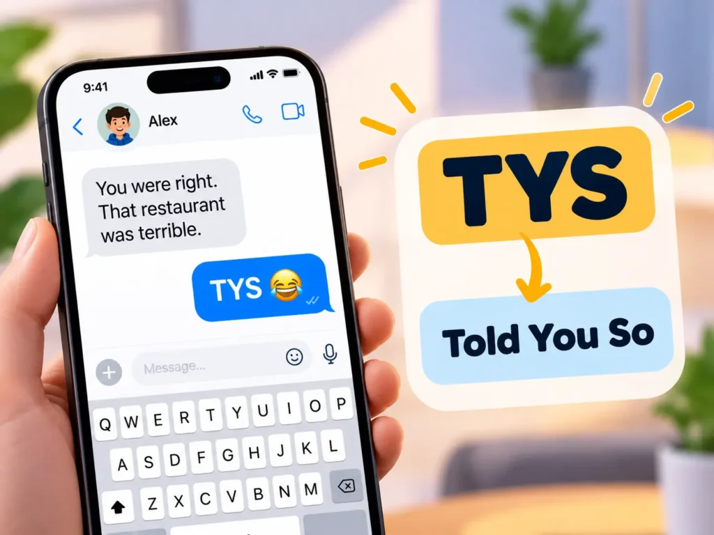 TYS meaning in text infographic showing a smartphone chat example where “TYS” means “Told You So.”