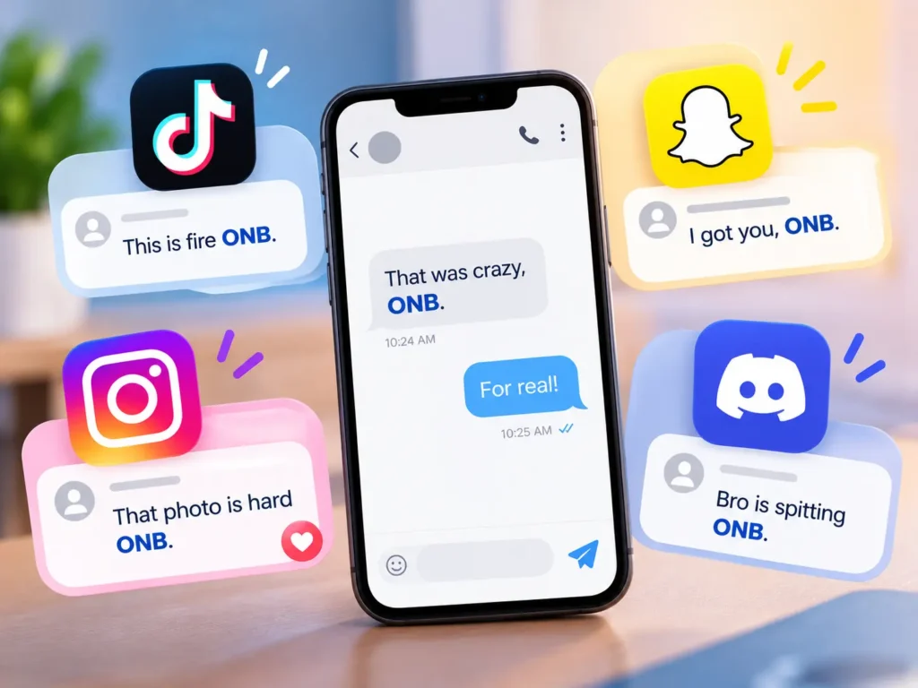 ONB meaning on TikTok, Snapchat, Instagram, and Discord shown with smartphone chat examples using “ONB” in casual conversations.