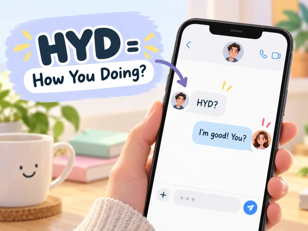 HYD meaning in text infographic showing “HYD = How You Doing?” with a simple chat example and reply.