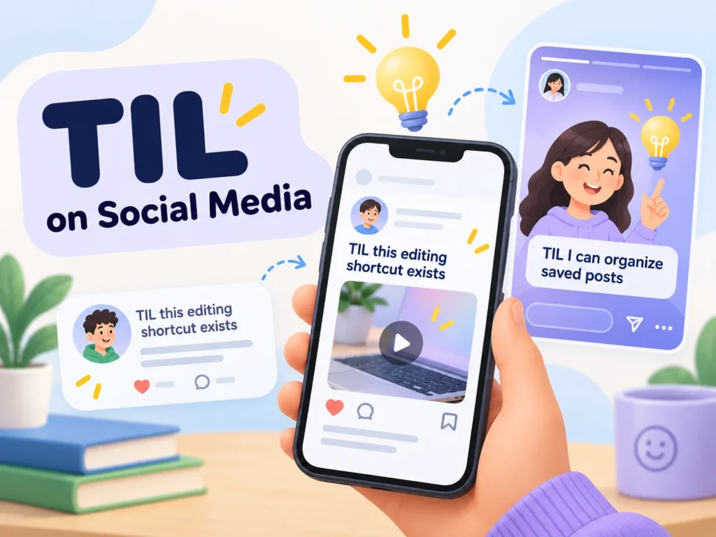 TIL meaning on social media explained with smartphone examples showing how Today I Learned is used in TikTok videos, Instagram posts, and online comments to share new discoveries.