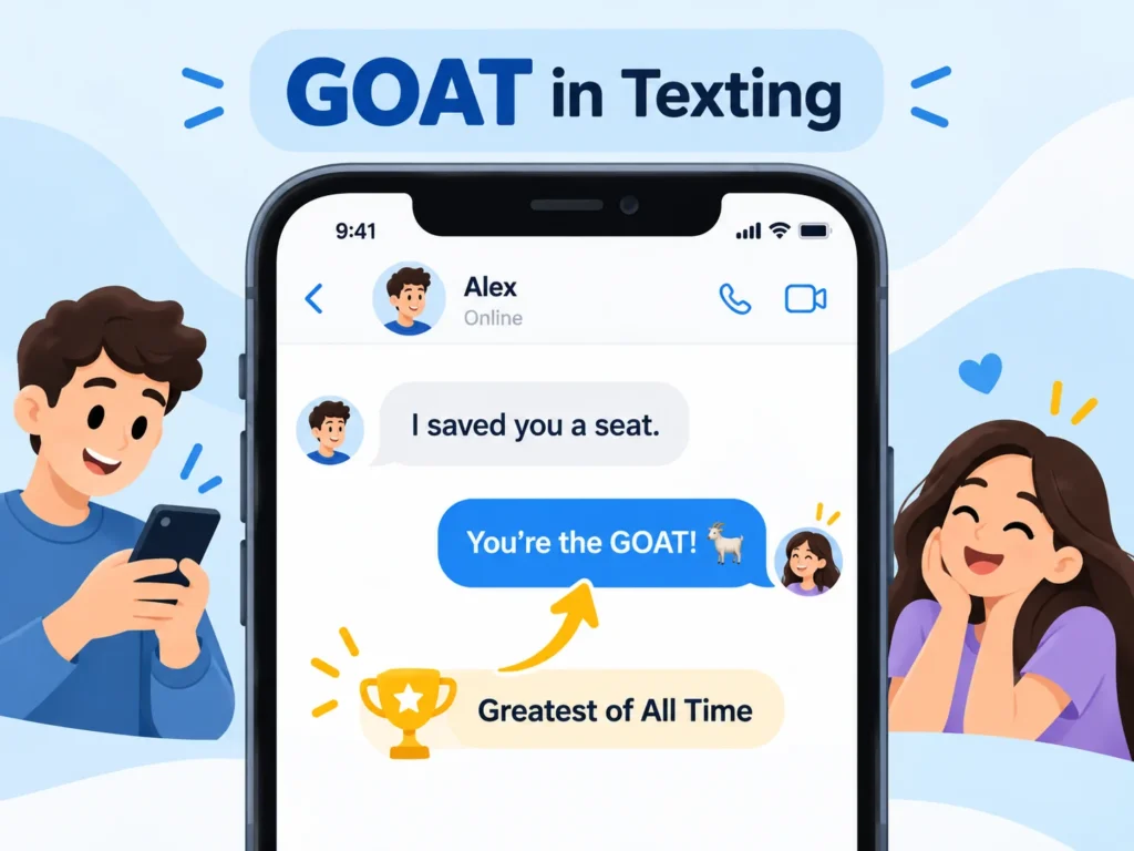 GOAT meaning in texting illustrated with a chat conversation showing âYouâre the GOAT! đâ as a compliment, meaning âGreatest of All Time.â