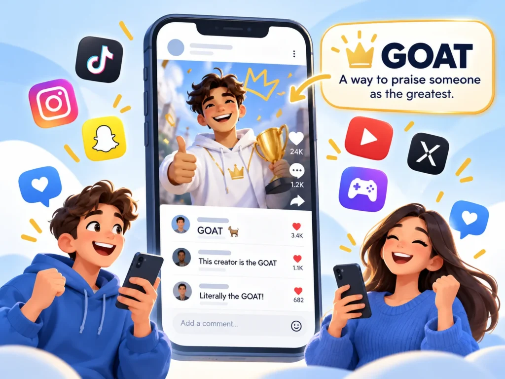 GOAT meaning on social media illustrated with TikTok, Instagram, Snapchat, and YouTube icons, showing fans commenting âGOAT đâ to praise an outstanding creator.