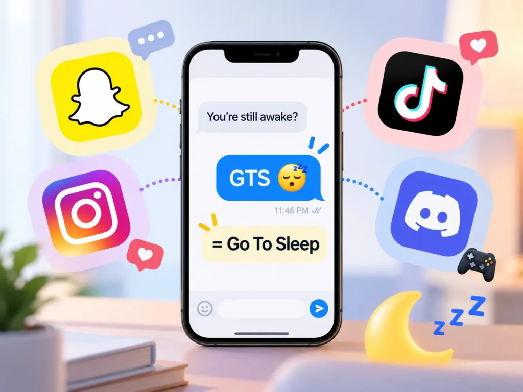 GTS meaning on social media infographic showing Snapchat, TikTok, Instagram, and Discord around a smartphone chat with “GTS = Go To Sleep.”