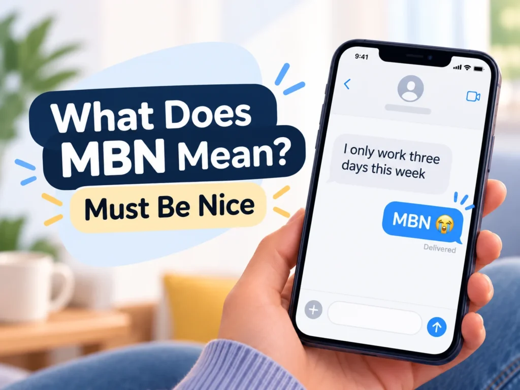 What Does MBN Mean image showing “MBN = Must Be Nice” with a texting example on a smartphone.