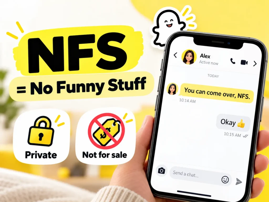 NFS meaning on Snapchat infographic showing “NFS = No Funny Stuff” with a Snapchat-style chat, privacy icon, and Not For Sale symbol.