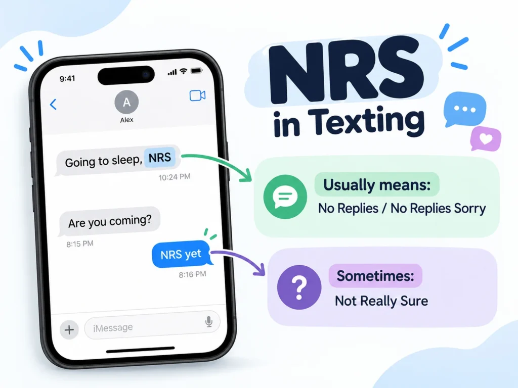 NRS meaning in texting infographic showing “No Replies,” “No Replies Sorry,” and “Not Really Sure” with chat examples.