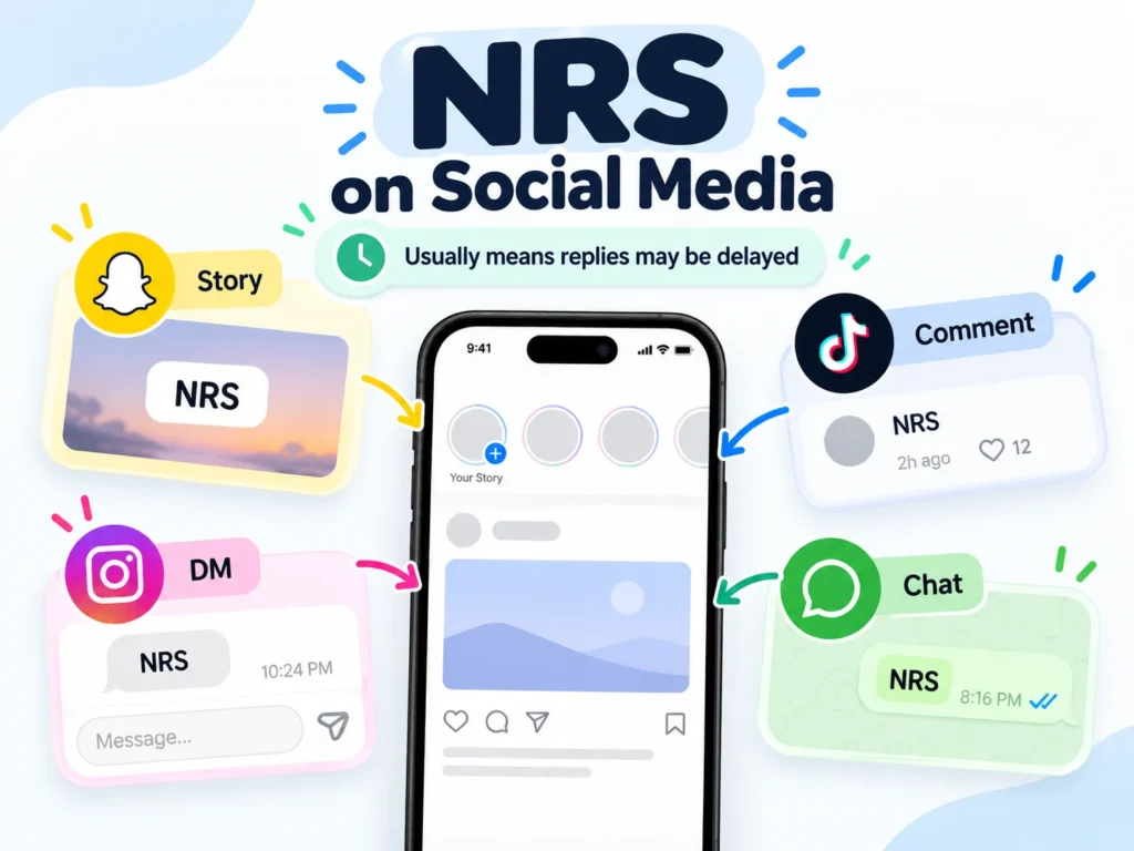 NRS meaning on social media infographic showing NRS used in Stories, DMs, comments, and chats to indicate delayed replies.