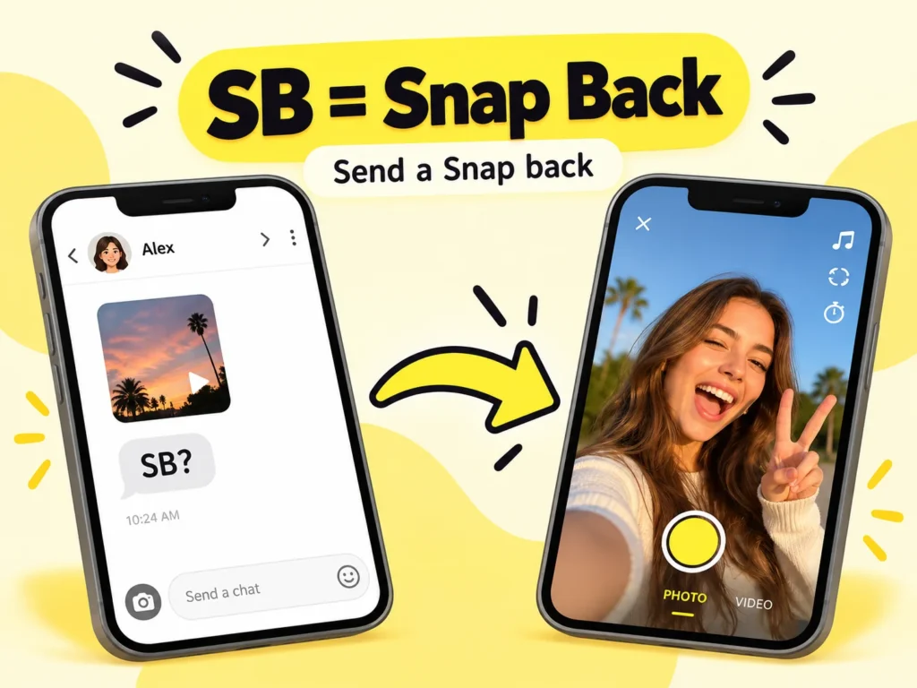 SB meaning on Snapchat infographic showing “SB = Snap Back” with a chat message asking “SB?” and a user sending a photo Snap in reply.