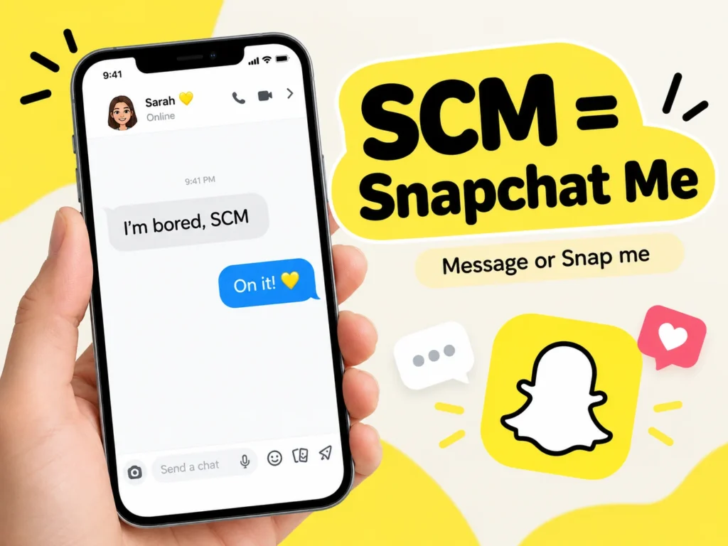 SCM meaning on Snapchat infographic showing “SCM = Snapchat Me” with a phone chat example and message or Snap me explanation.