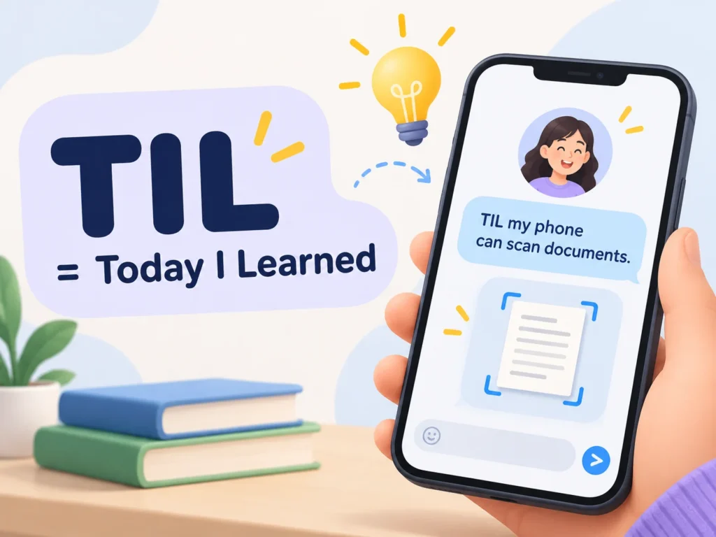 TIL meaning explained as Today I Learned, with a smartphone chat example showing how TIL is used in texting to share a new discovery.