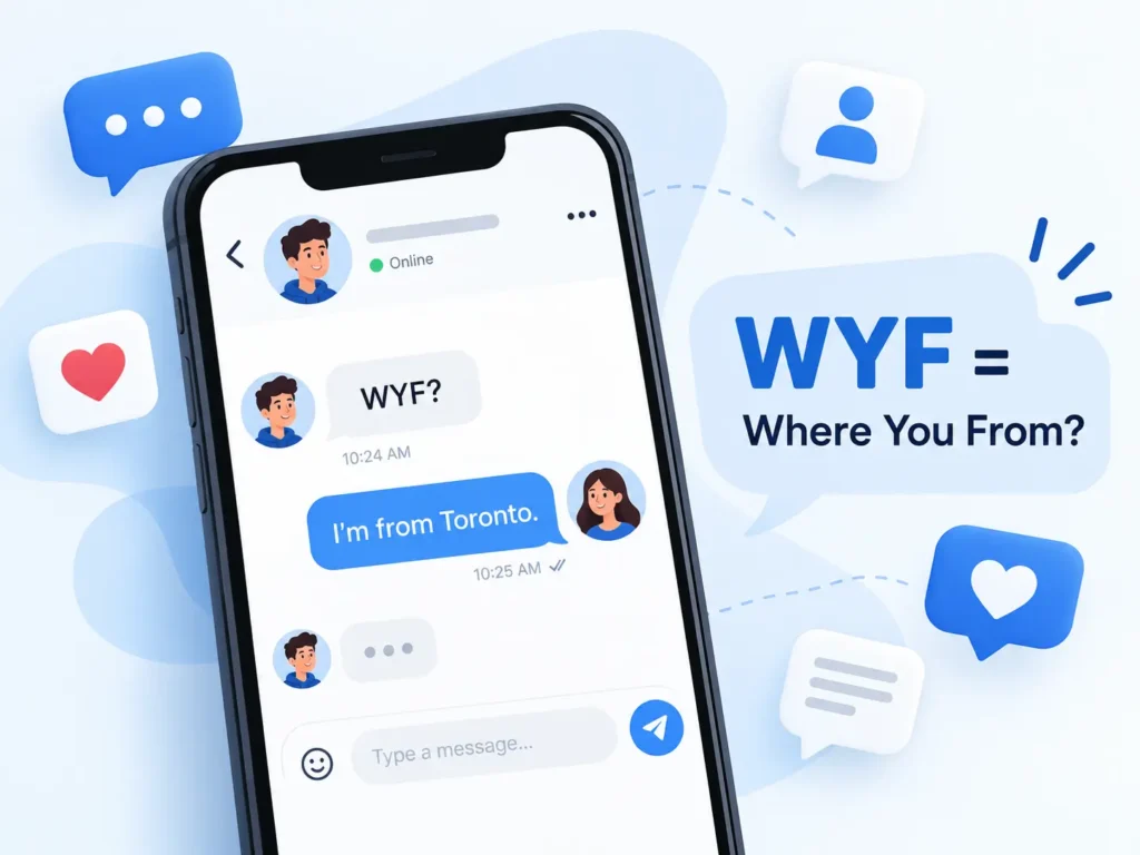 WYF meaning in text shown in a smartphone chat, explaining “WYF = Where You From?” with a simple example reply.
