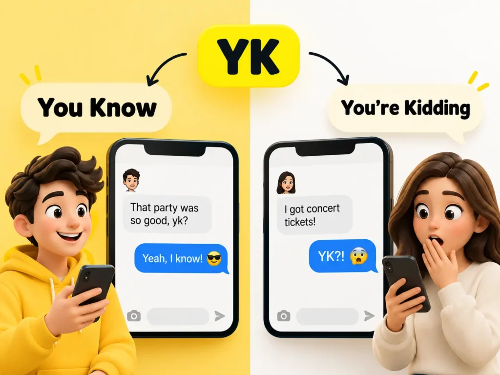 YK Meaning in text and Snapchat explained with chat examples showing “You Know” for agreement and “You're Kidding” for surprise.