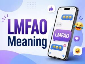 LMFAO Meaning blog featured image with smartphone chat bubbles, laughing emojis, and social media message reactions